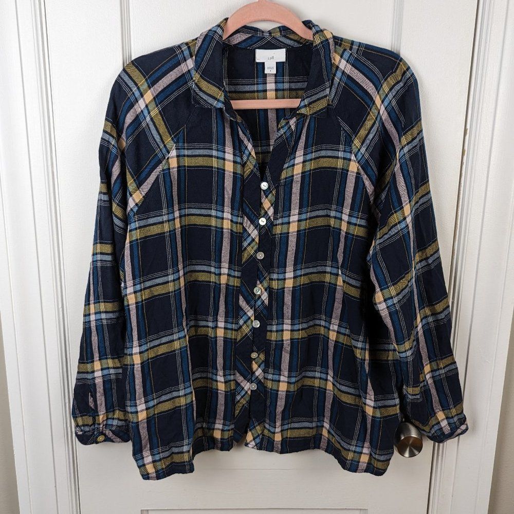 J.Jill | Navy Plaid Cotton Modal Button Down Shirt Size Medium